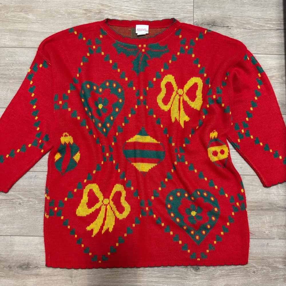 Vtg Holiday Time Christmas Sweater Womens XL Red Ugly Xmas Ornament USA 80s 90s